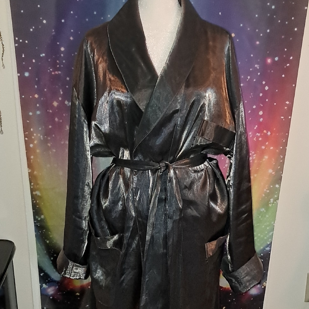 Silver Satin Robe with Shawl Collar and Belt